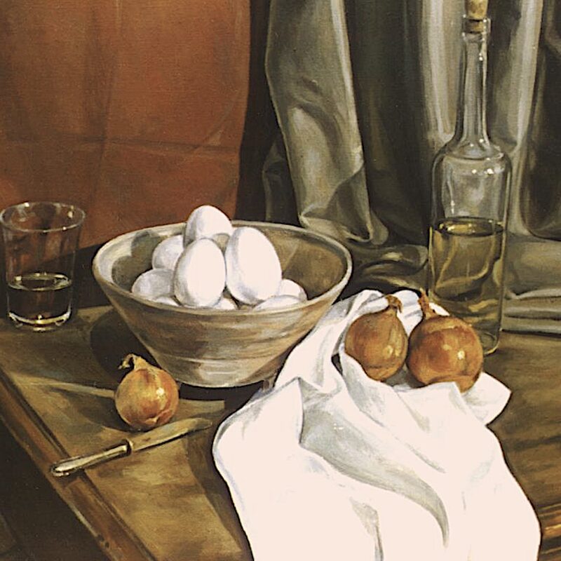 stilleben mit eiern, zwiebeln und flasche 1998, 60 x 69 cm, öl auf baumwolle