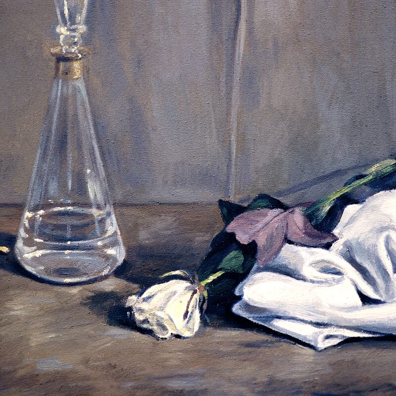 nature morte avec carafe, rose et tissu 1997, 36 x 44 cm, huile sur cotton
