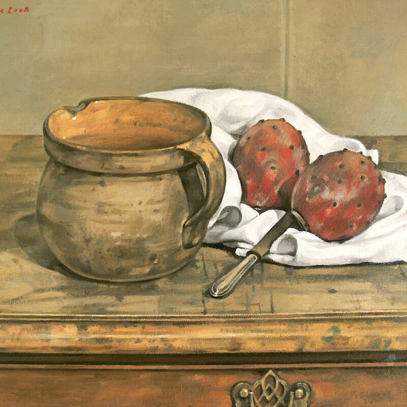 stilleben mit kaktusfeigen, krug und messer 2008, 36 x 44 cm, öl auf leinwand