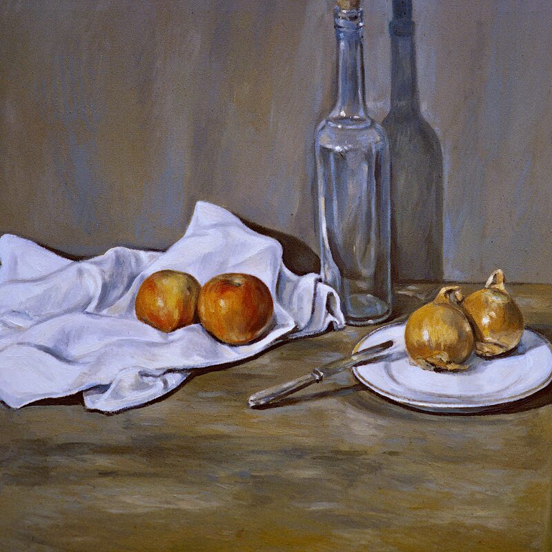 still life with bottle, onions and apples 1998, 20,5" x 23,2", oil on cotton
