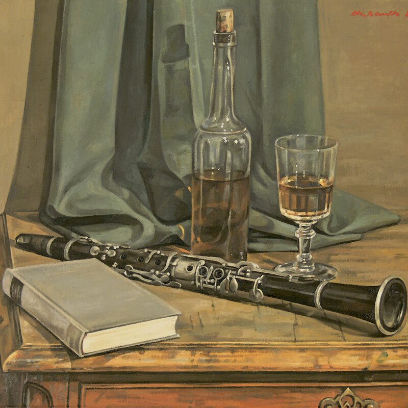 nature morte avec clarinette, livre, verre et bouteille 2006, 36 x 44 cm, huile sur toile