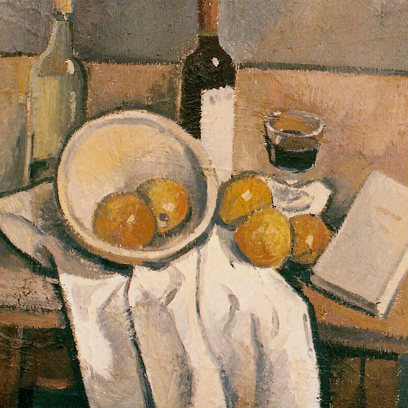 stilleben mit schale, äpfeln, flaschen und buch 1986, 60 x 80 cm, öl auf tuch