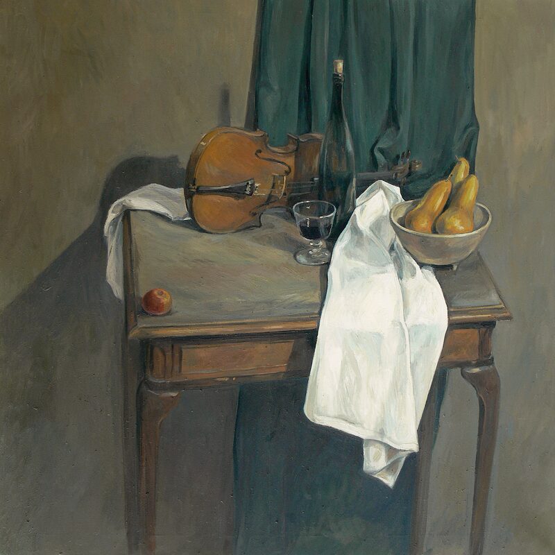 stilleben mit violine, birnen und flasche 1997, 140 x 140 cm, öl auf baumwolle