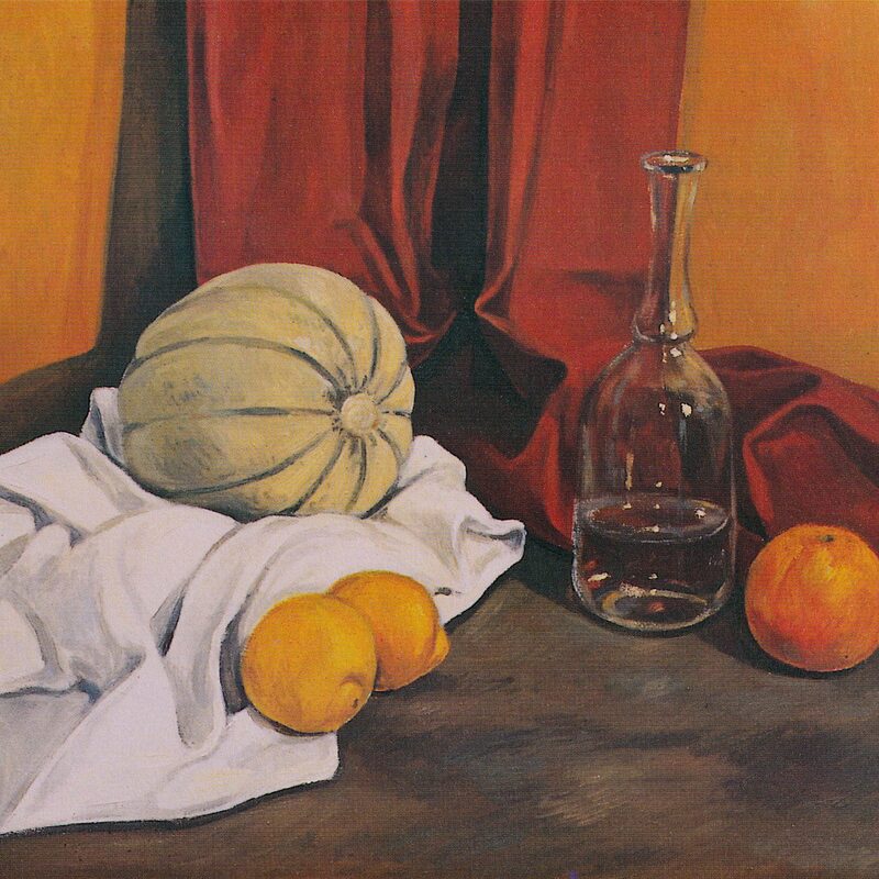 stilleben mit karaffe, melone,, zitronen und orange 1997, 60 x 69 cm, öl auf baumwolle