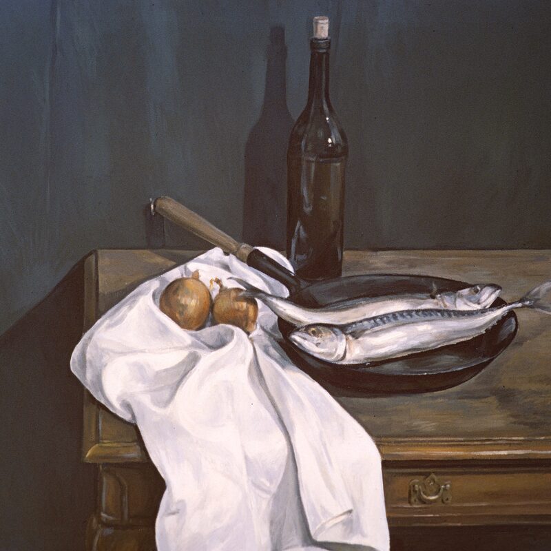 stilleben mit makrelen und zwiebeln 1997, 80 x 89 cm, öl auf baumwolle