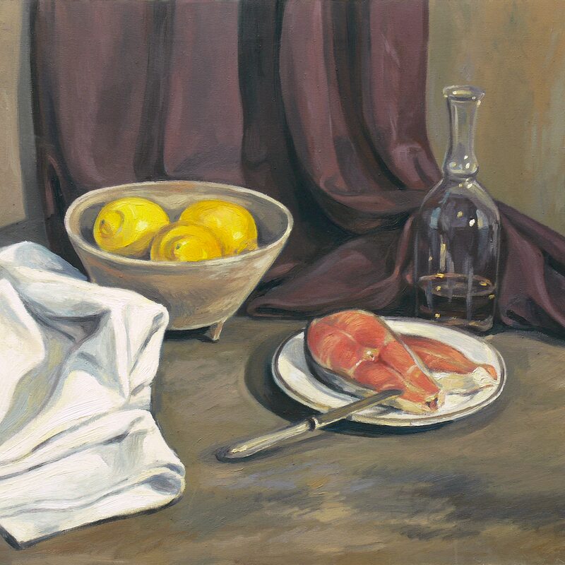 stilleben mit seelachs und zitrone 1997, 60 x 69 cm, öl auf baumwolle