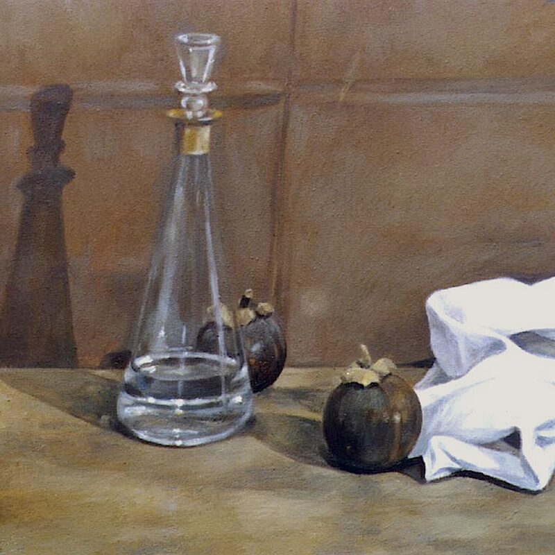 nature morte avec carafe et mangoustanes 1998, 36 x 44 cm, huile sur cotton