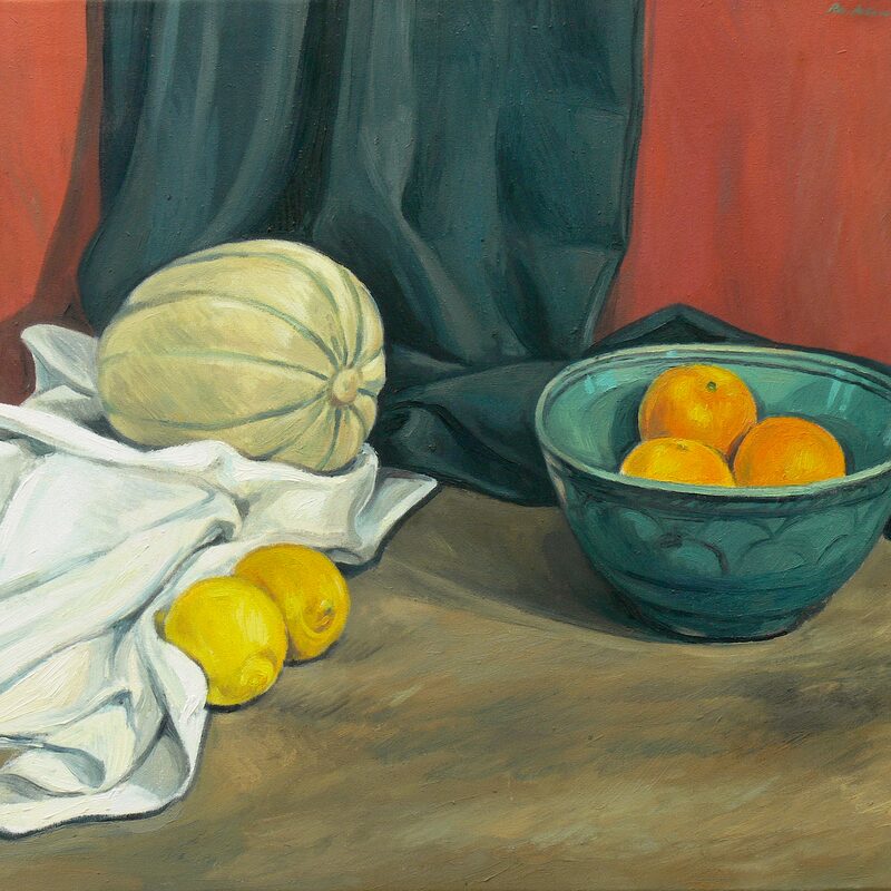 stilleben mit melone, türkiser schale, zitronen und orangen 1997, 60 x 69 cm, öl auf baumwolle