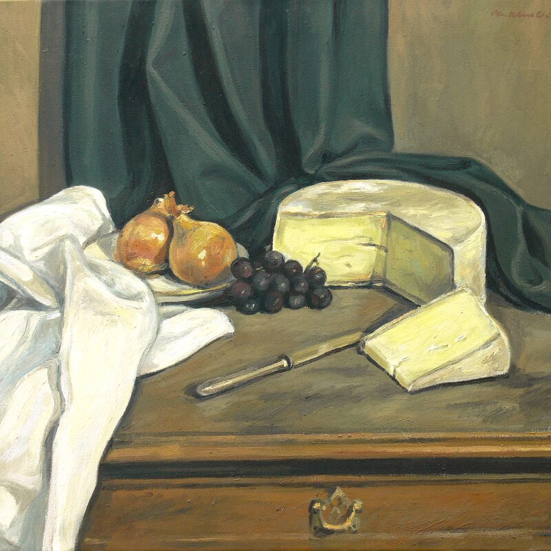 stilleben mit tomme de savoie, trauben und zwiebeln 1997, 60 x 69 cm, öl auf baumwolle