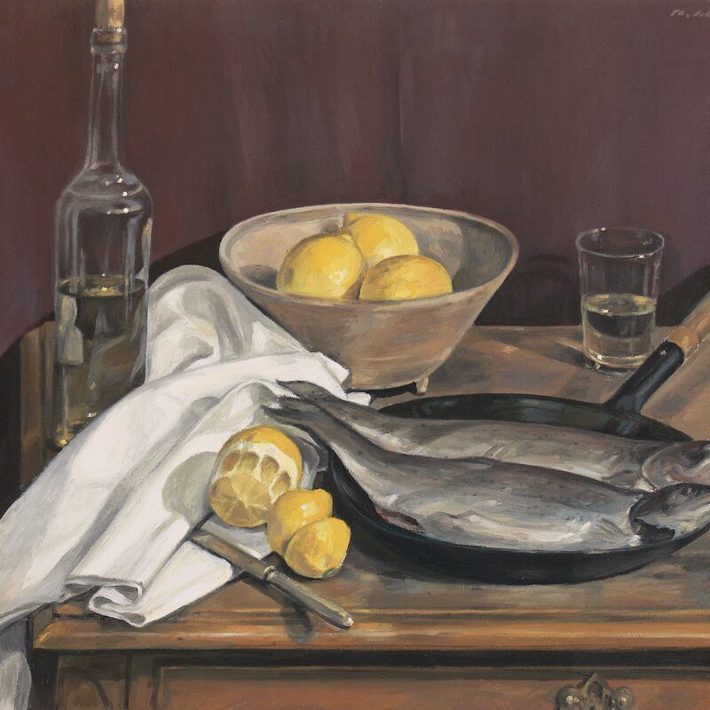 nature morte avec truites et citrons 1998, 60 x 69 cm, huile sur cotton