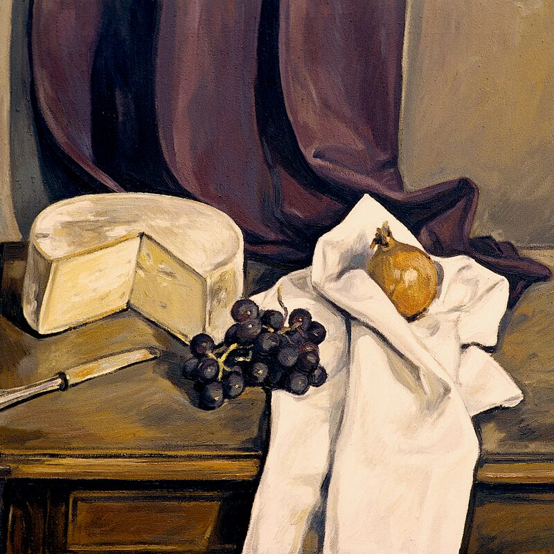 stilleben mit tomme de savoie, trauben und zwiebel 1997, 60 x 69 cm, öl auf baumwolle