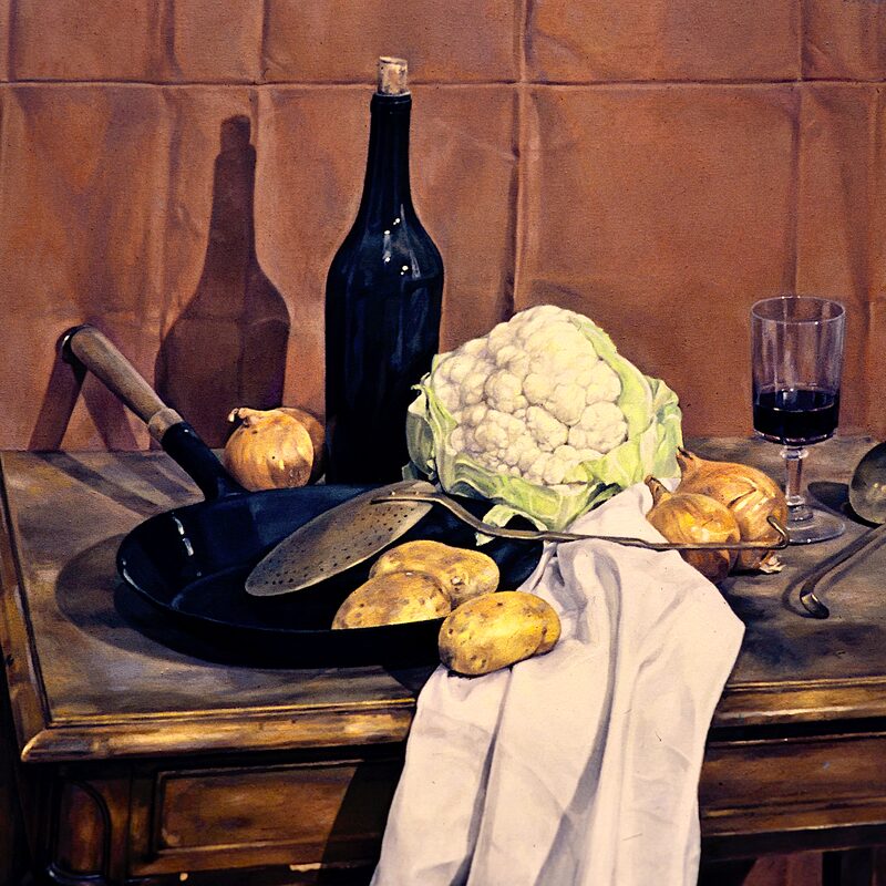 stilleben mit blumenkohl, pfanne und kartoffeln 2000, 80 x 89 cm, öl auf baumwolle