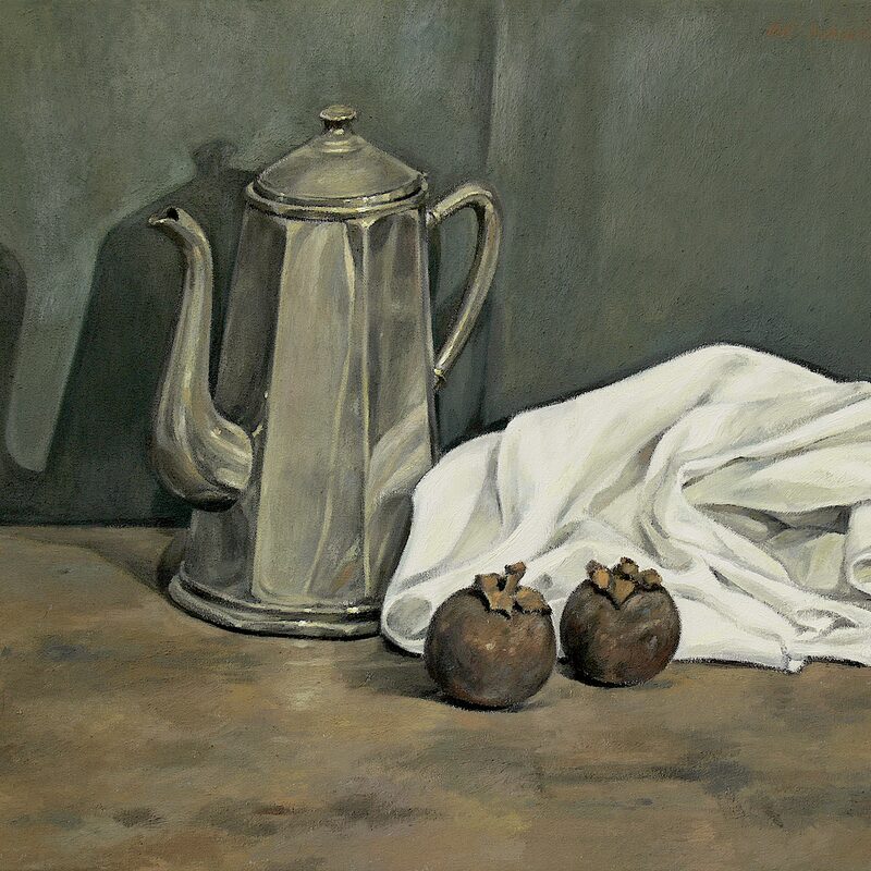 stilleben mit kanne und mangostane 2000, 44 x 52 cm, öl auf baumwolle