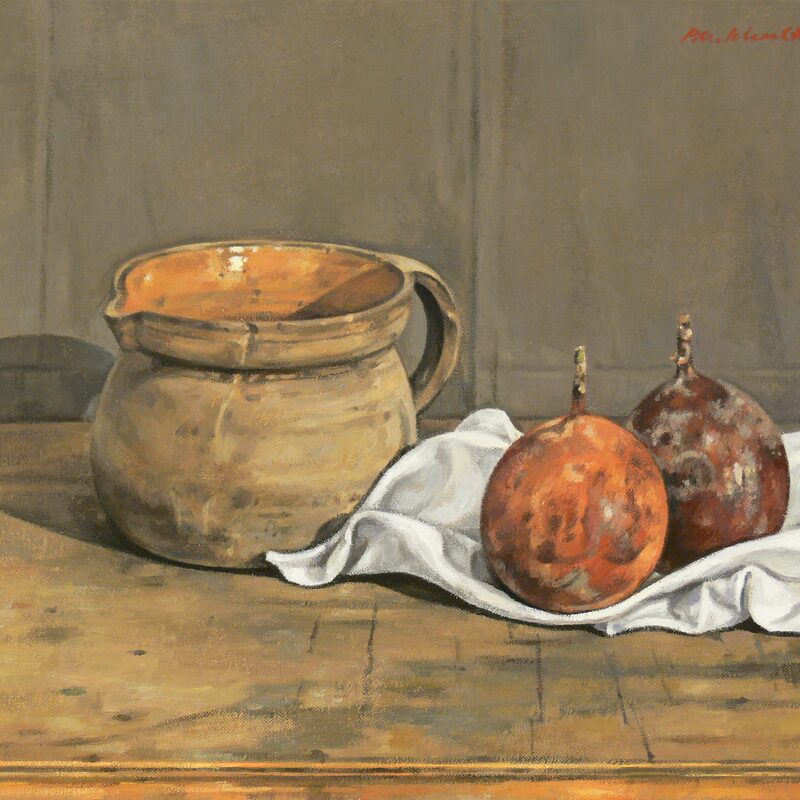 stilleben mit krug und passionsfrüchten 2005, 36 x 44 cm, öl auf leinwand