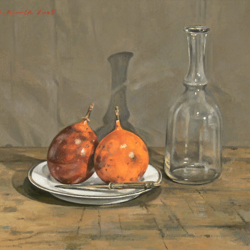 stilleben mit karaffe und passionsfrüchten 2005, 36 x 43 cm, öl auf leinwand