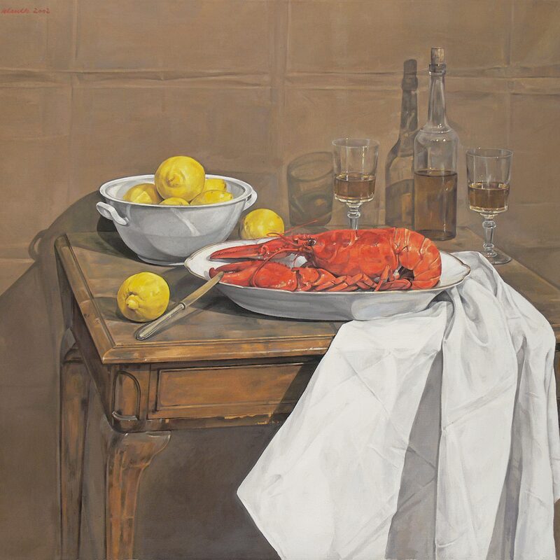 stilleben mit hummer und zitronen 2002, 100 x 120 cm, öl auf leinwand