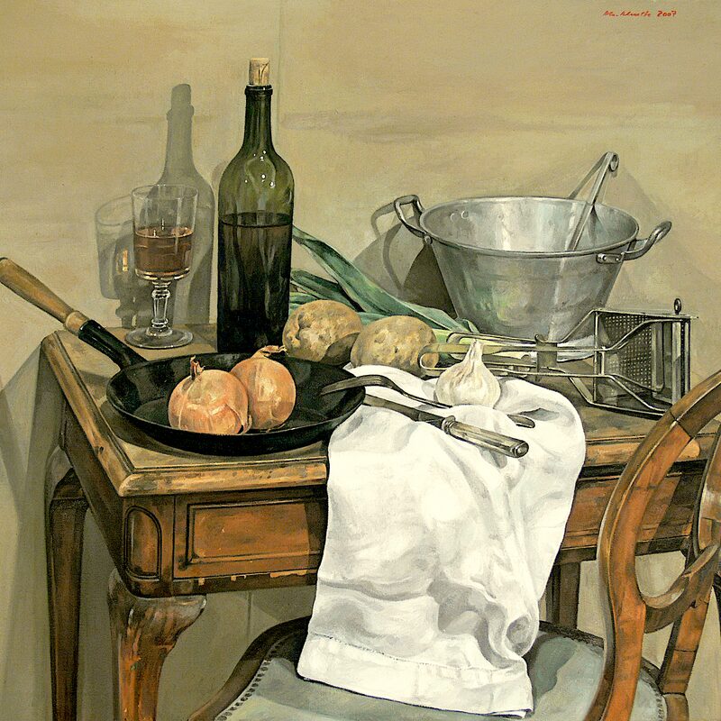 nature morte avec pommes de terre, poireau et bouteille 2007, 80 x 90 cm, huile sur toile