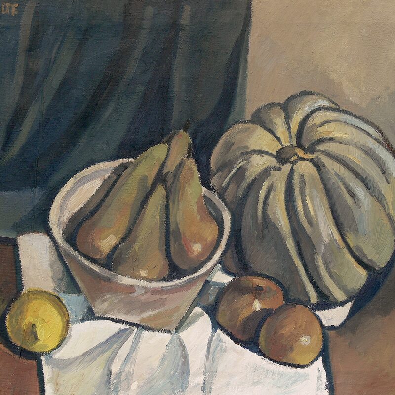 stilleben mit kürbis, äpfeln und birnen 1986, 54 x 65 cm, öl auf tuch