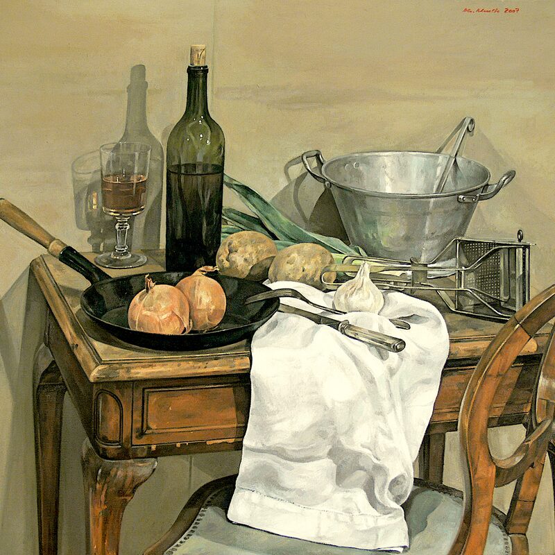stilleben mit kartoffeln, lauch und zwiebeln 2007, 80 x 90 cm, öl auf leinwand