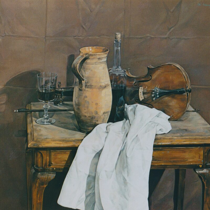 stilleben mit violine, krug und flasche 2002, 100 x 120 cm, öl auf leinwand