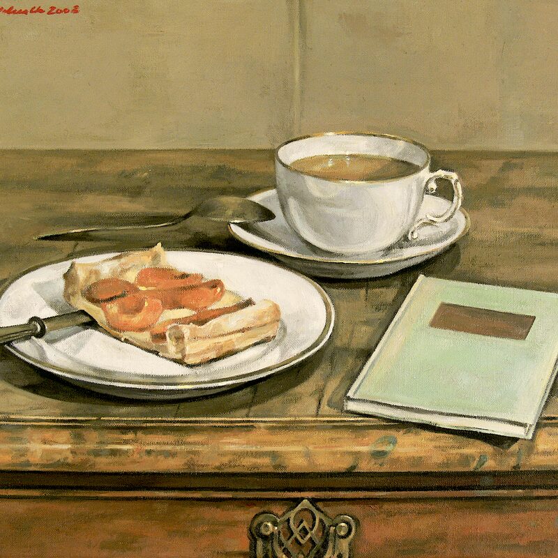 stilleben mit tasse, buch und tartelette 2008, 36 x 44 cm, öl auf leinwand