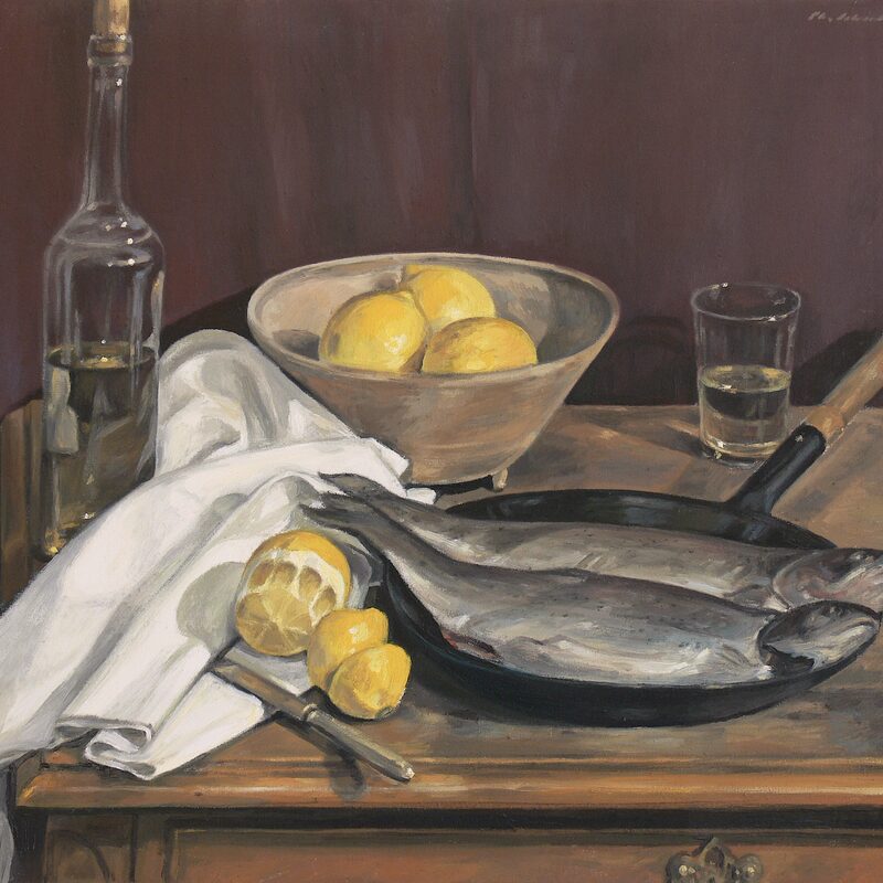 stilleben mit forellen und zitronen 1998, 60 x 69 cm, öl auf baumwolle