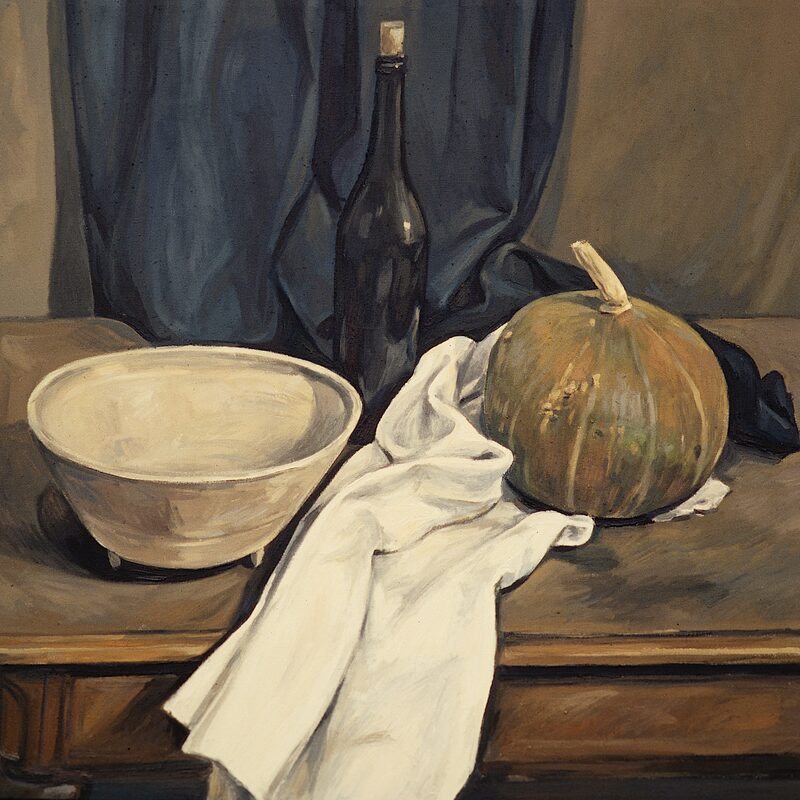 stilleben mit kürbis, flasche und schale 1996, 80 x 89 cm, öl auf baumwolle