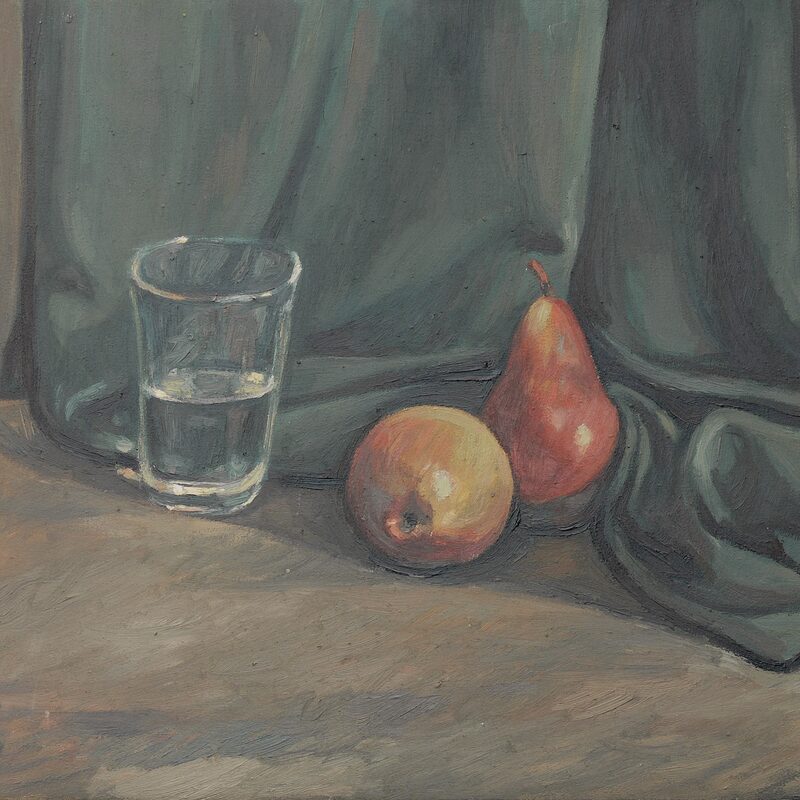 stilleben mit glas und birnen 1996, 40 x 49 cm, öl auf baumwolle