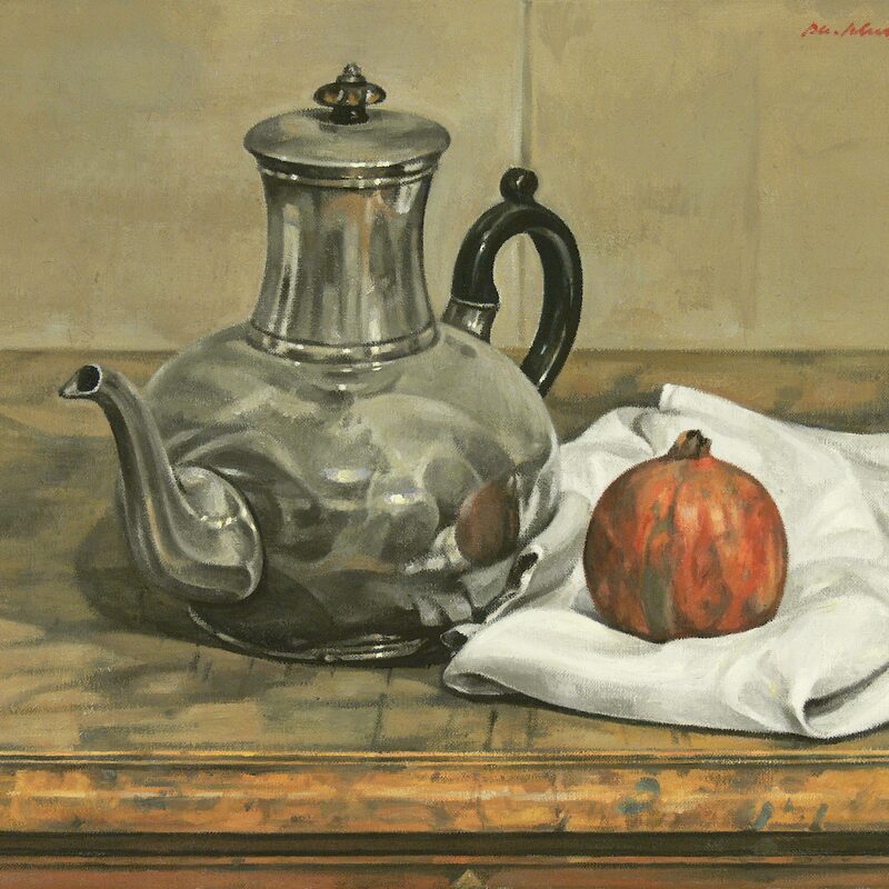 stilleben mit kanne und granatapfel 2008, 36 x 44 cm, öl auf leinwand