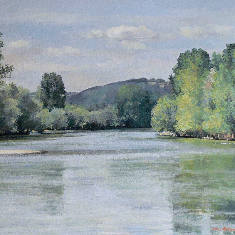 flusslandschaft bei allas-les-mines - dordogne 2001, 43 x 52 cm, öl auf baumwolle