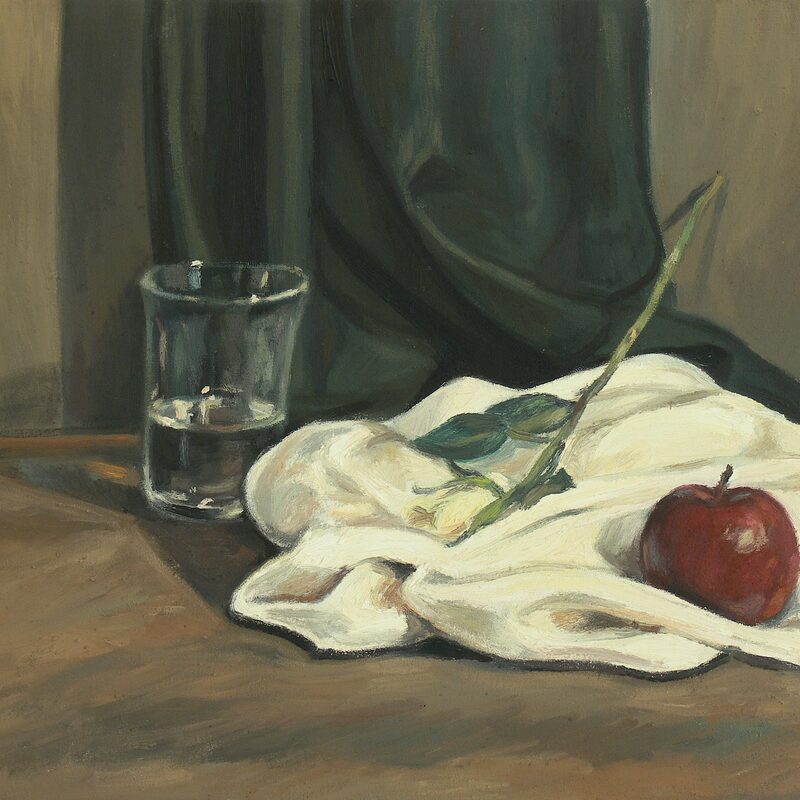 stilleben mit rose, apfel und glas 1997, 40 x 48,5 cm, öl auf baumwolle