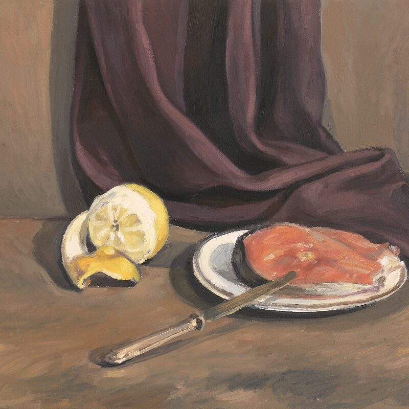 stilleben mit seelachs und zitrone 1997, 40 x 48,5 cm, öl auf baumwolle