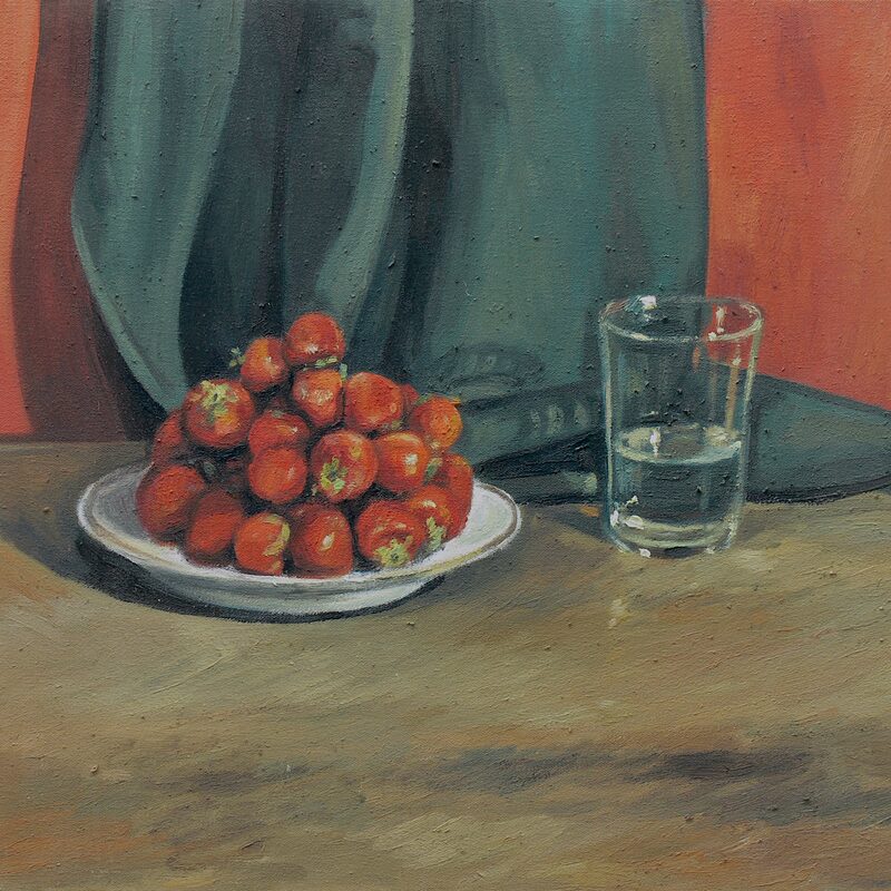 stilleben mit erdbeeren und glas 1997, 44 x 52 cm, öl auf baumwolle