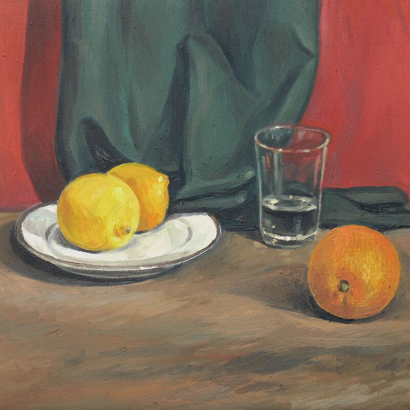 stilleben mit zitronen, glas und orange 1997, 40 x 49 cm, öl auf baumwolle