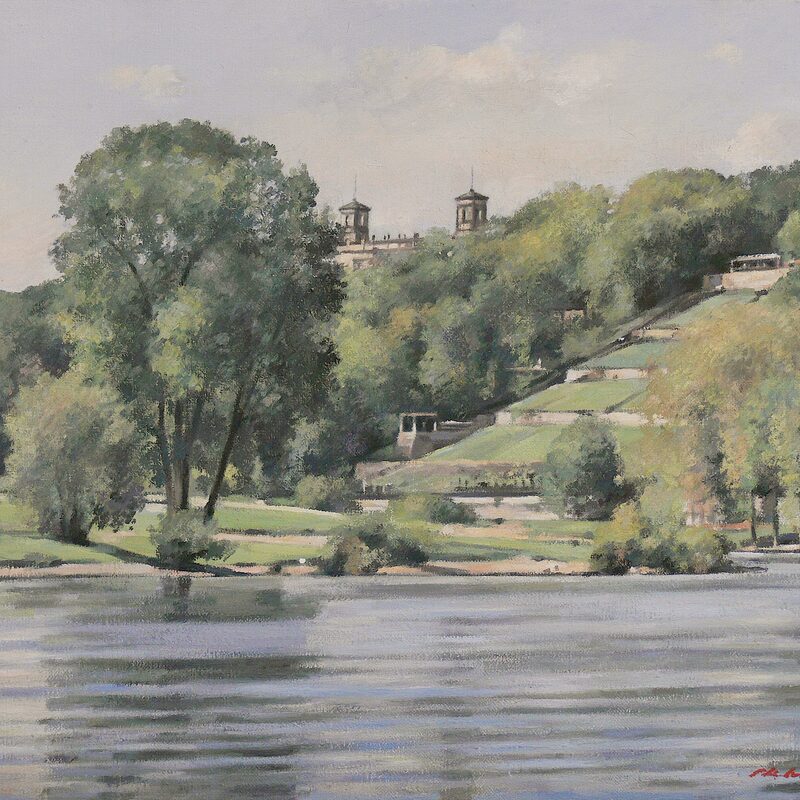 paysage fluvial de l'elbe, dresde - saxe 2012, 36 x 44 cm, huile sur toile