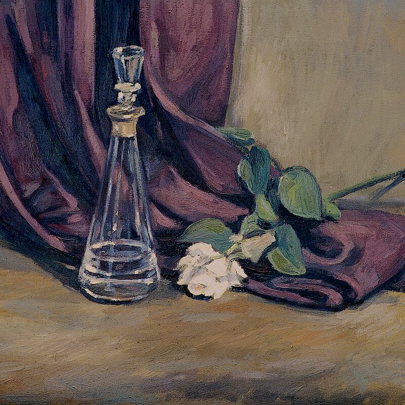 stilleben mit karaffe und rose 1997, 40 x 49 cm, öl auf baumwolle