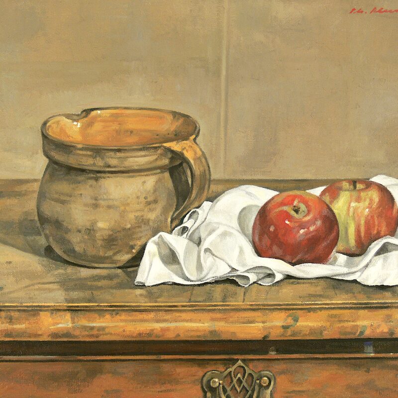 stilleben mit krug und äpfeln 2009, 36 x 44 cm, öl auf leinwand