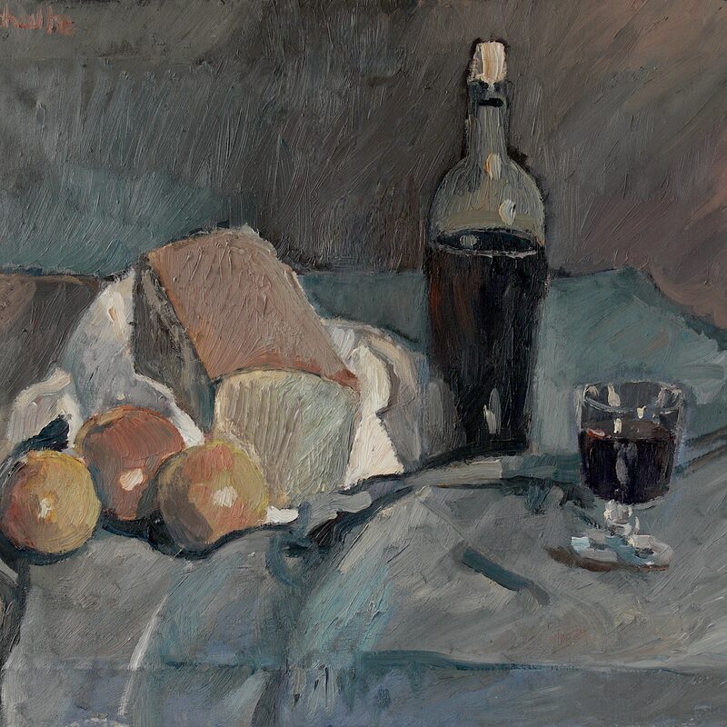 stilleben mit flasche , brot und äpfeln 1986, 49 x 60 cm, öl auf tuch