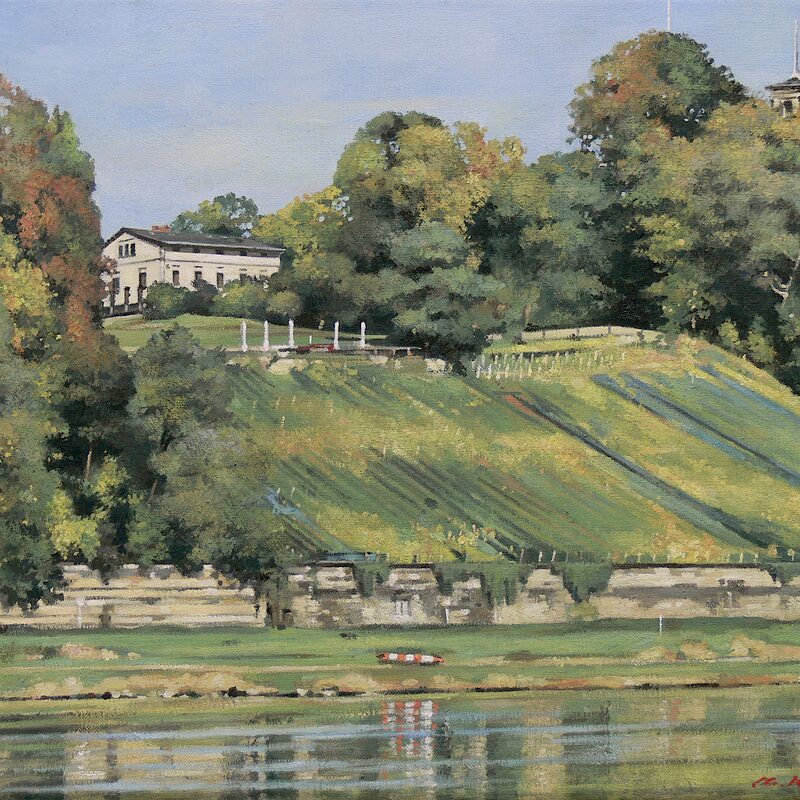 paysage fluvial de l'elbe,  dresde - saxe 2014, 36 x 44 cm, huile sur toile