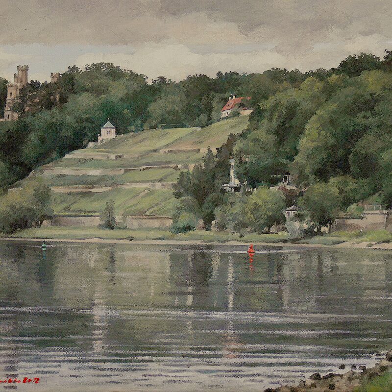 paysage fluvial de l'elbe, dresde - saxe 2012, 36 x 44 cm, huile sur toile