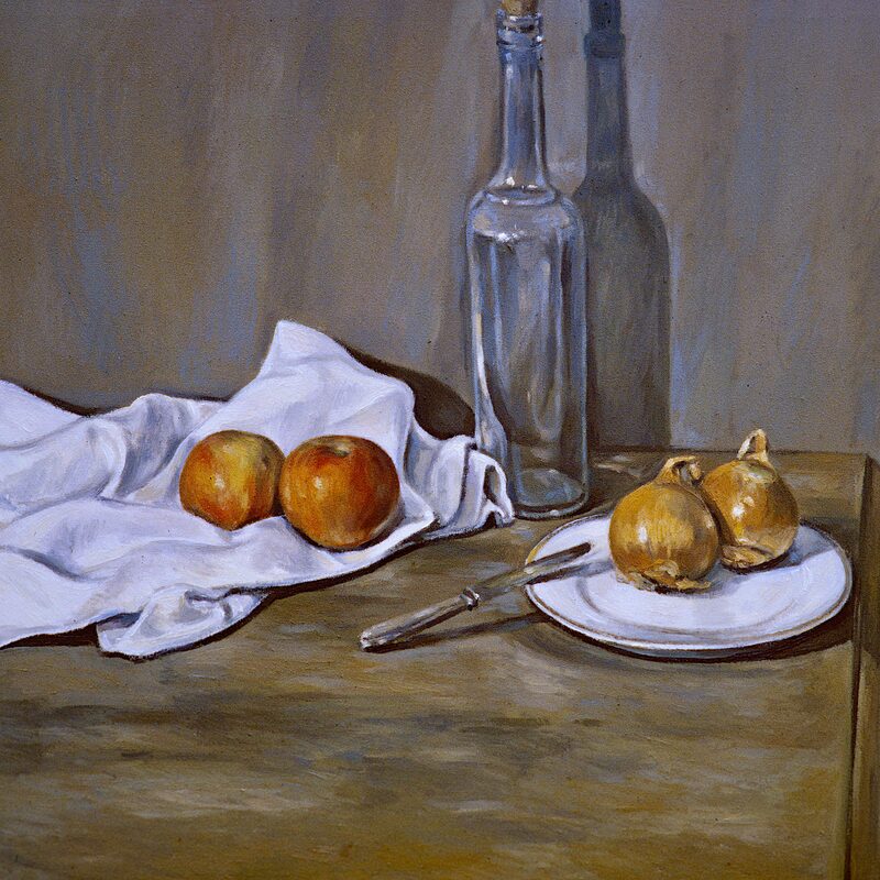 stilleben mit flasche , zwiebeln und äpfeln 1998, 52 x 59 cm, öl auf baumwolle