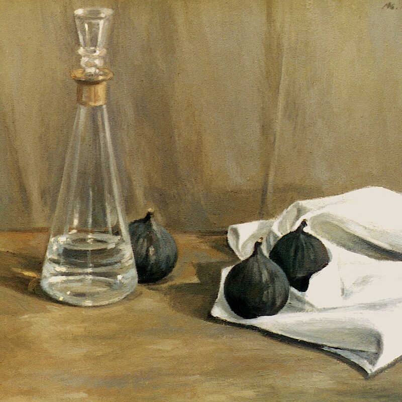 stilleben mit karaffe und feigen 1997, 36 x 44 cm, öl auf baumwolle