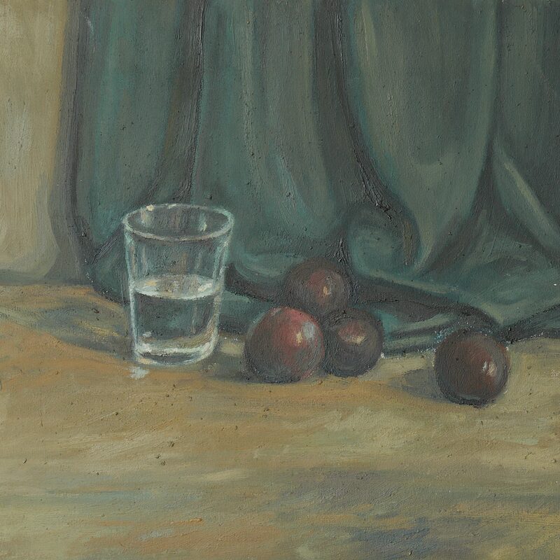 stilleben mit glas und pflaumen 1997, 36 x 44 cm, öl auf baumwolle