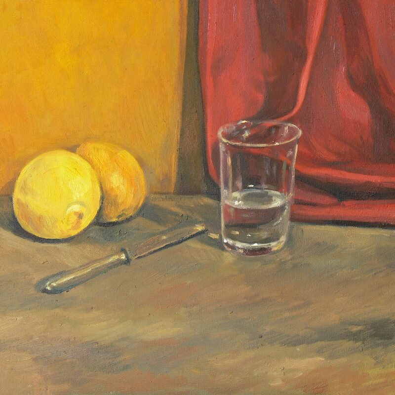 stilleben mit glas und zitronen 1997, 36 x 44 cm, öl auf baumwolle