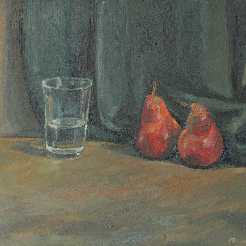 stilleben mit glas und birnen 1997, 36 x 44 cm, öl auf baumwolle