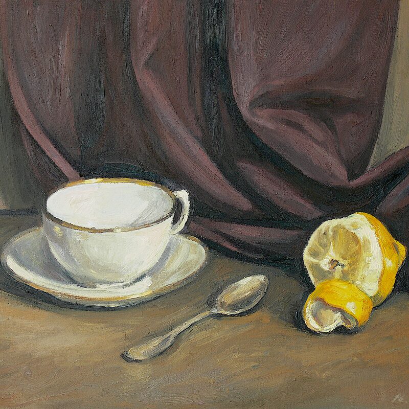 stilleben mit tasse und zitrone 1997, 36 x 44 cm, öl auf baumwolle