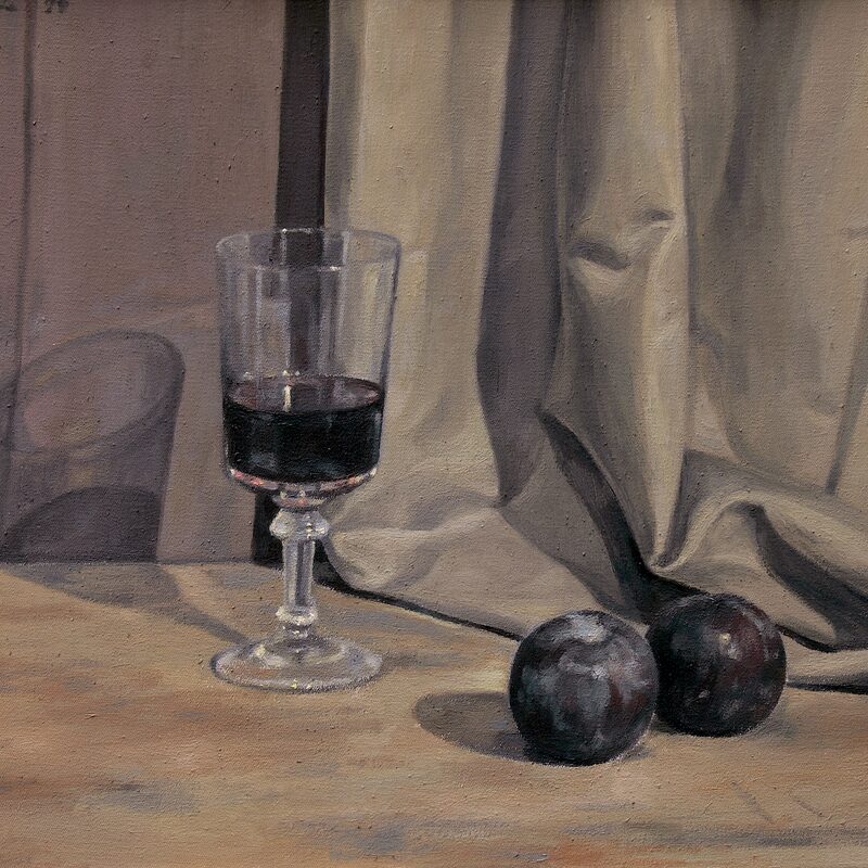 stilleben mit pflaumen und glas 1999, 36 x 44 cm, öl auf baumwolle