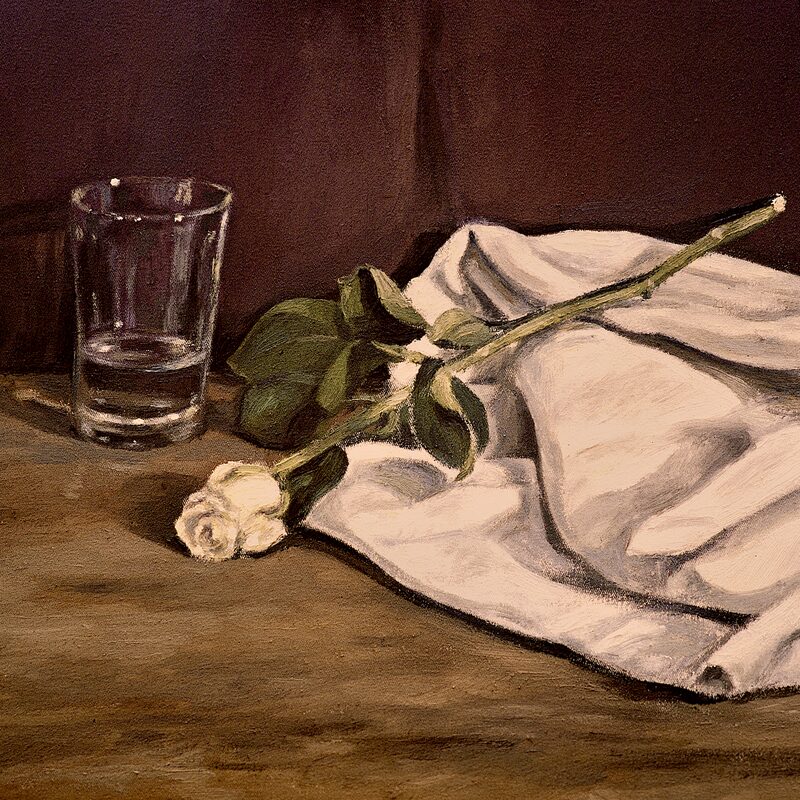 stilleben mit glas, rose und tuch 1998, 36 x 44 cm, öl auf baumwolle