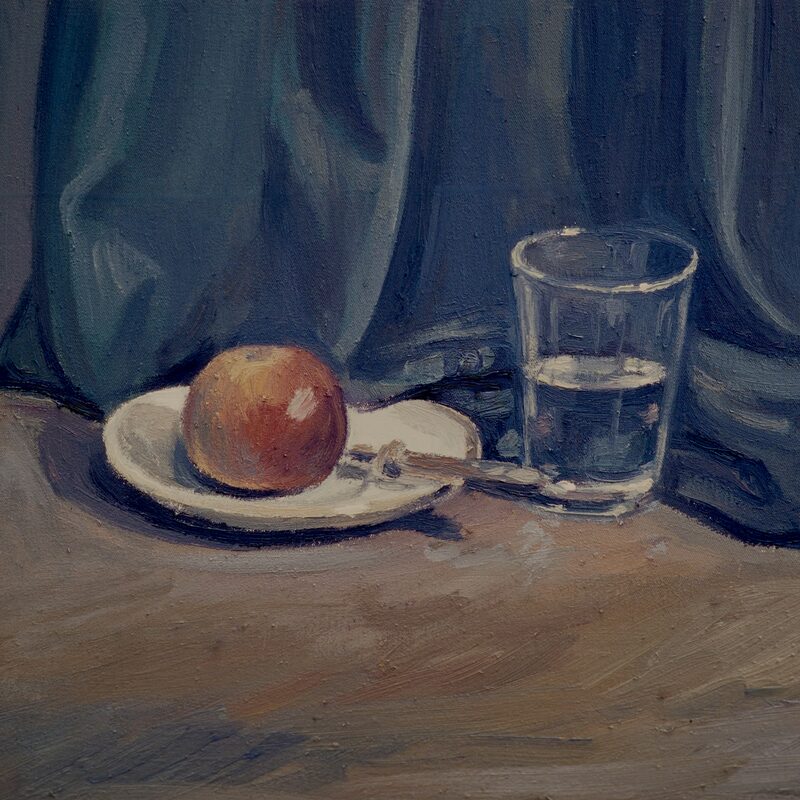 stilleben mit apfel und glas 1997, 36 x 44 cm, öl auf baumwolle
