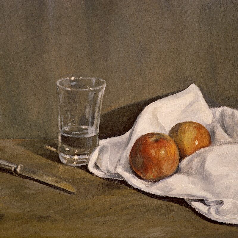 stilleben mit glas und äpfeln 1998, 36 x 44 cm, öl auf baumwolle